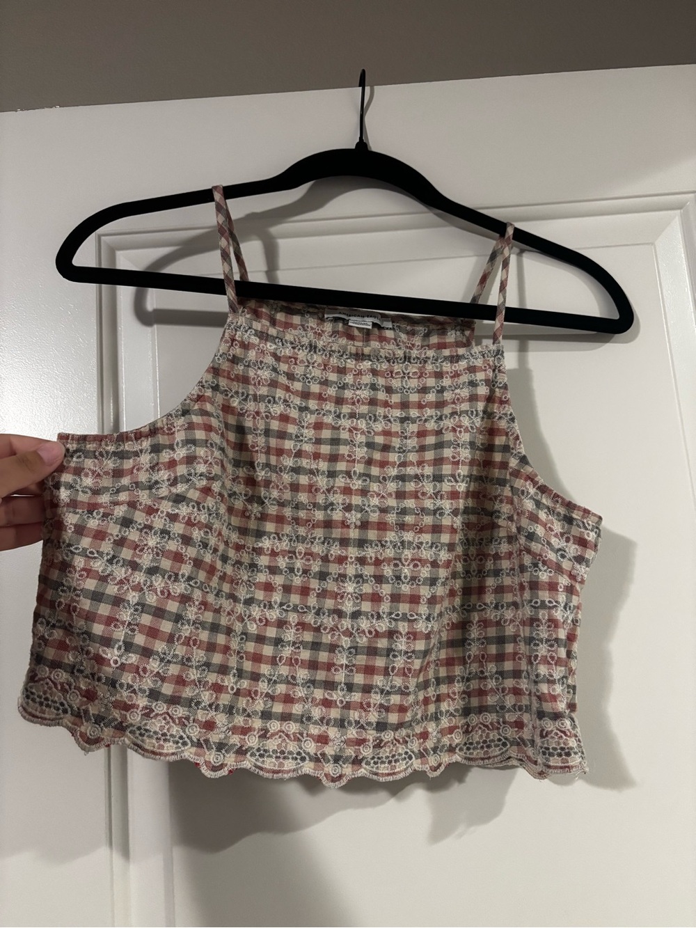 American Eagle Outfitters Pink and Beige Plaid Crochet-Trim Cami Top